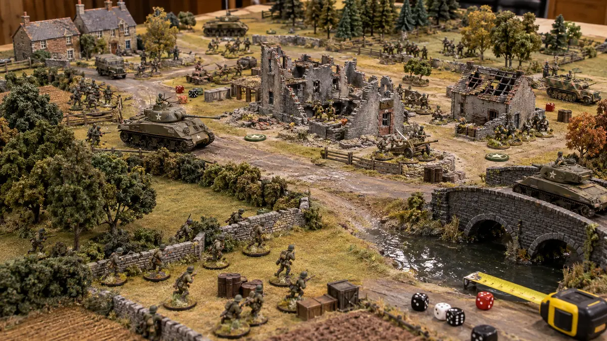 Vista amplia de una batalla histórica con miniaturas, vehículos, dados y cinta de medición