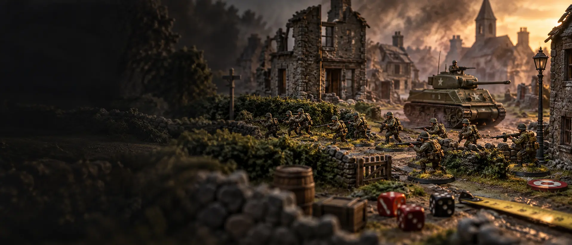 Mesa de juego histórico con miniaturas de infantería y un tanque entre ruinas europeas
