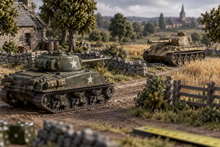 Dos tanques en miniatura maniobrando sobre una mesa de juego rural