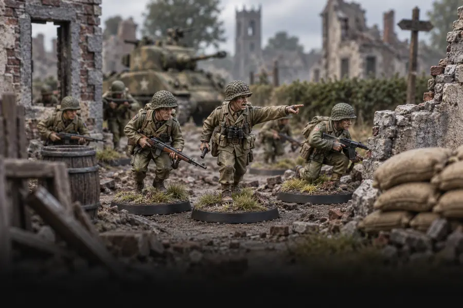 Miniaturas de infantería de la Segunda Guerra Mundial avanzando entre ruinas